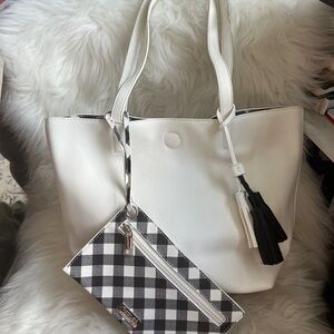 Carlos by Carlos Santana White Tote with Black-and-White Gingham Pouch